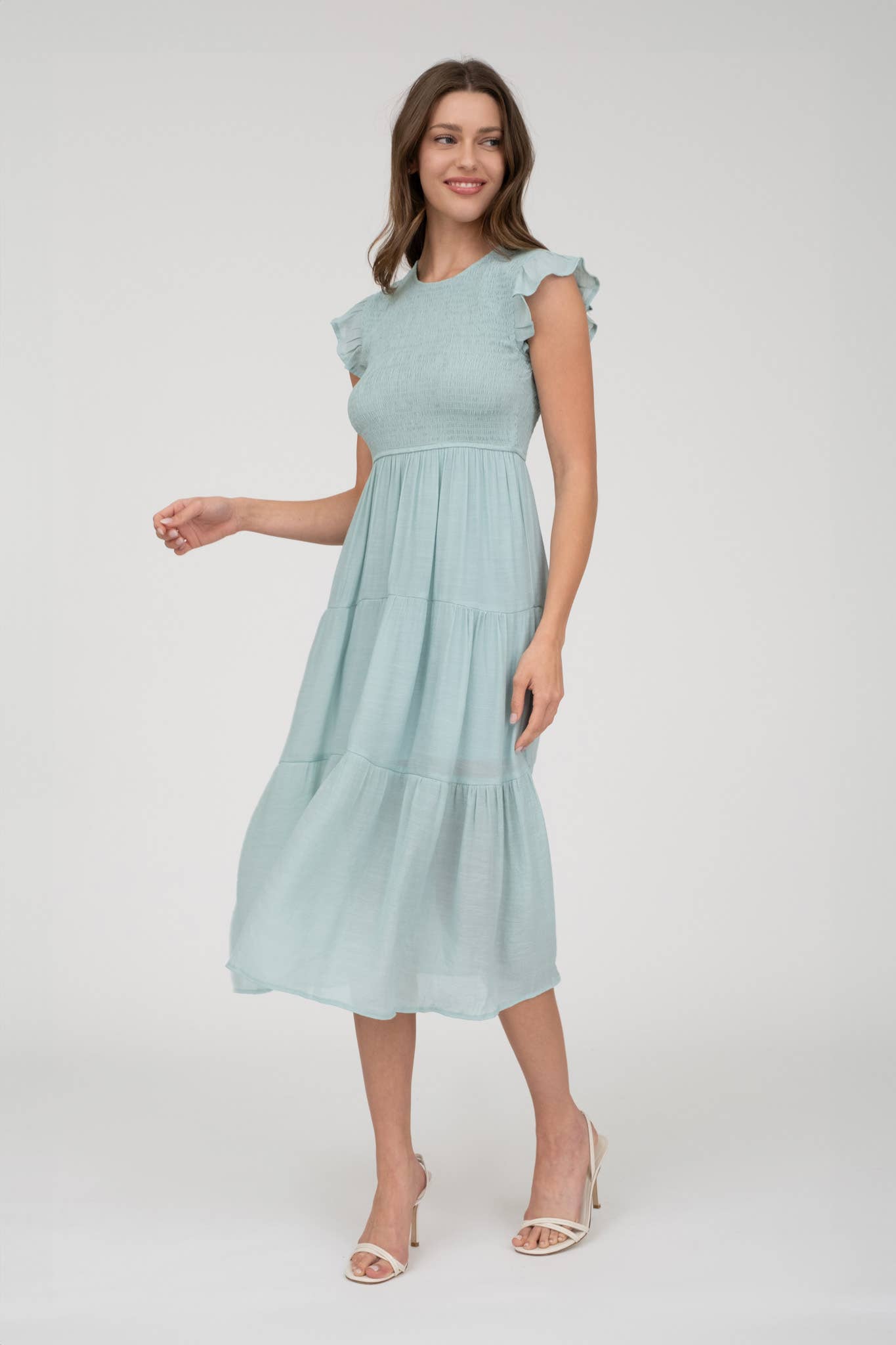 SMOCKED TIERED MIDI DRESS