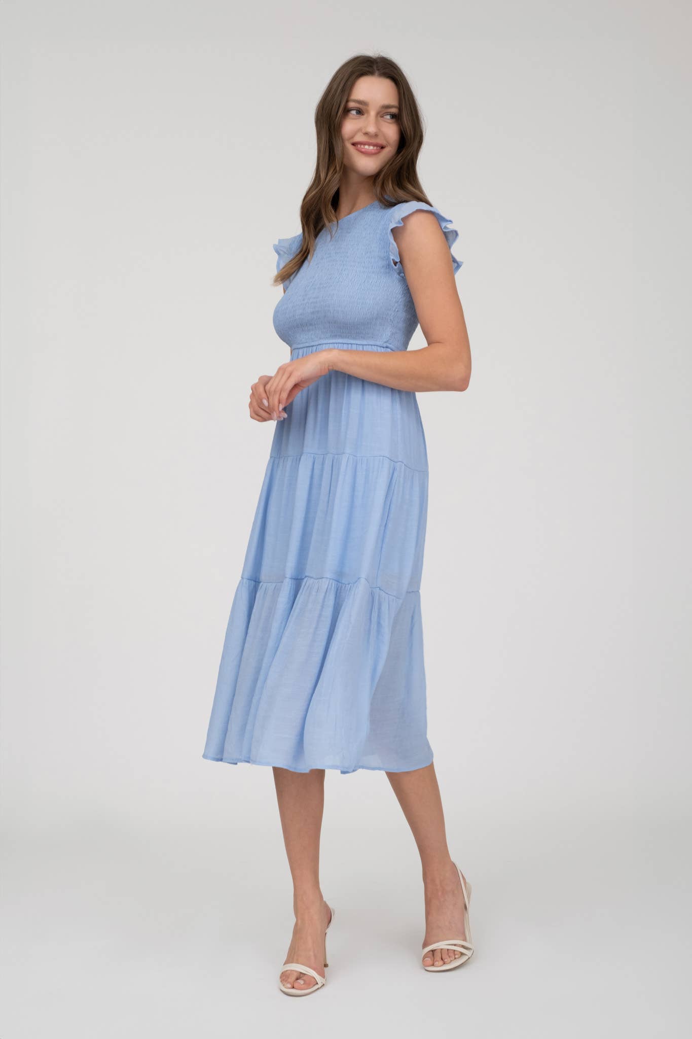 SMOCKED TIERED MIDI DRESS