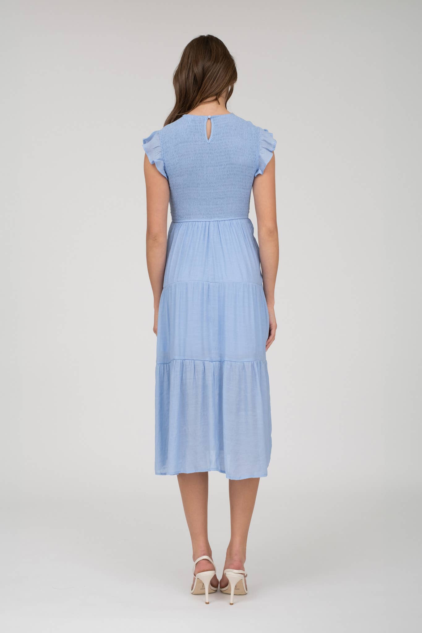 SMOCKED TIERED MIDI DRESS