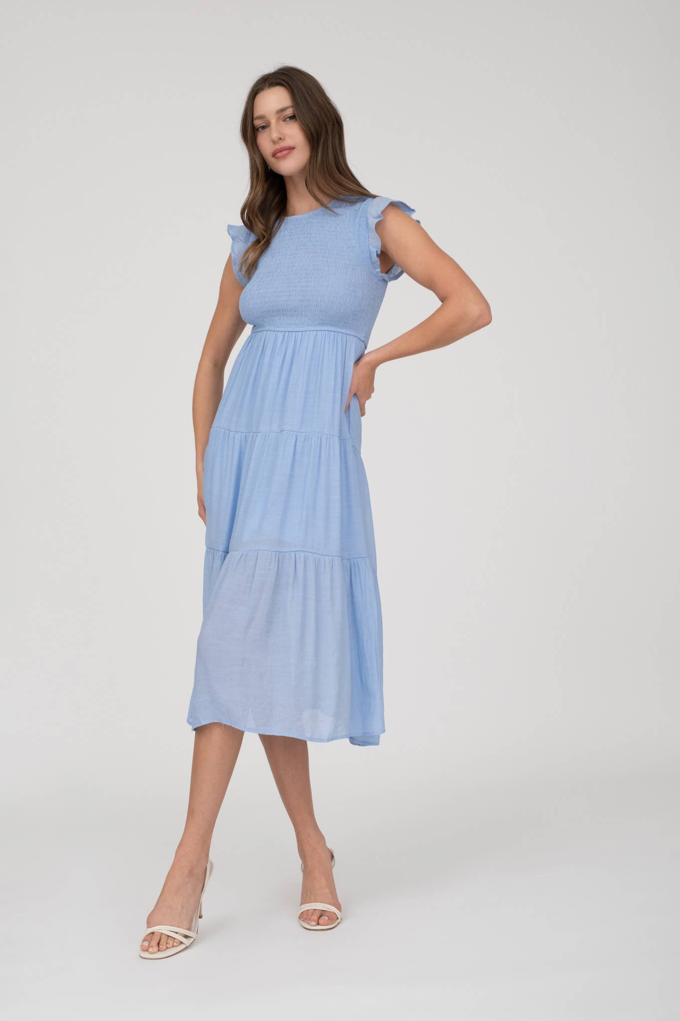 SMOCKED TIERED MIDI DRESS