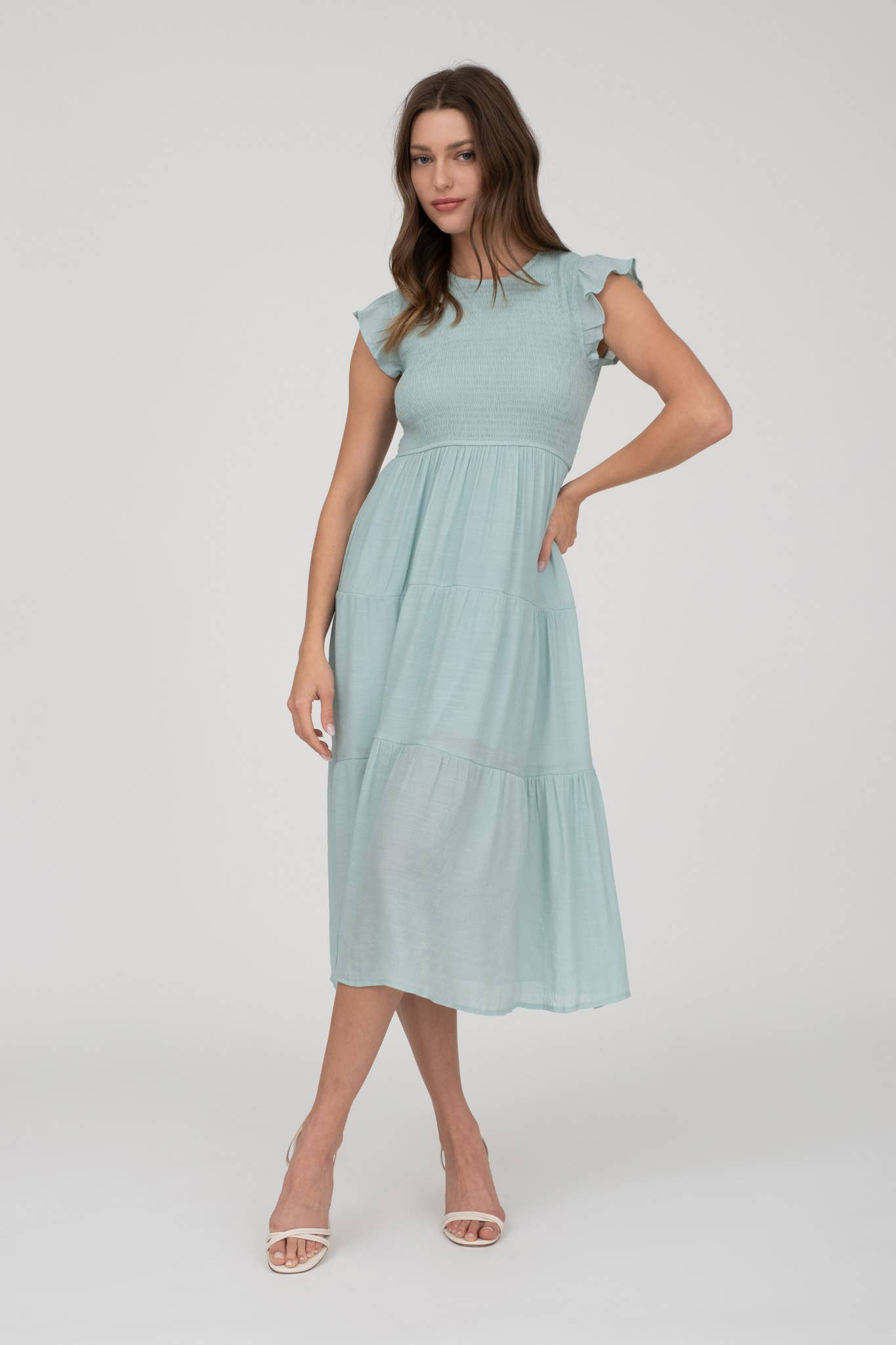 SMOCKED TIERED MIDI DRESS