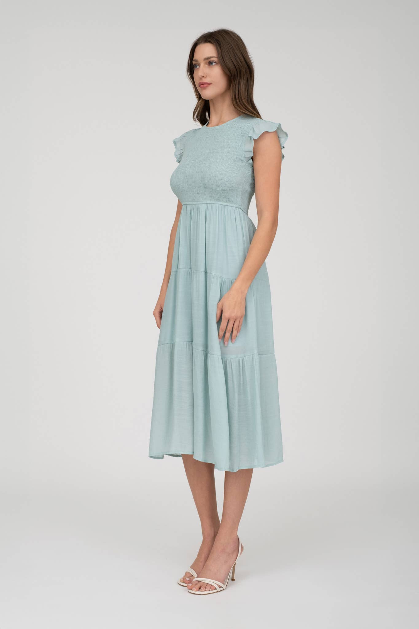 SMOCKED TIERED MIDI DRESS