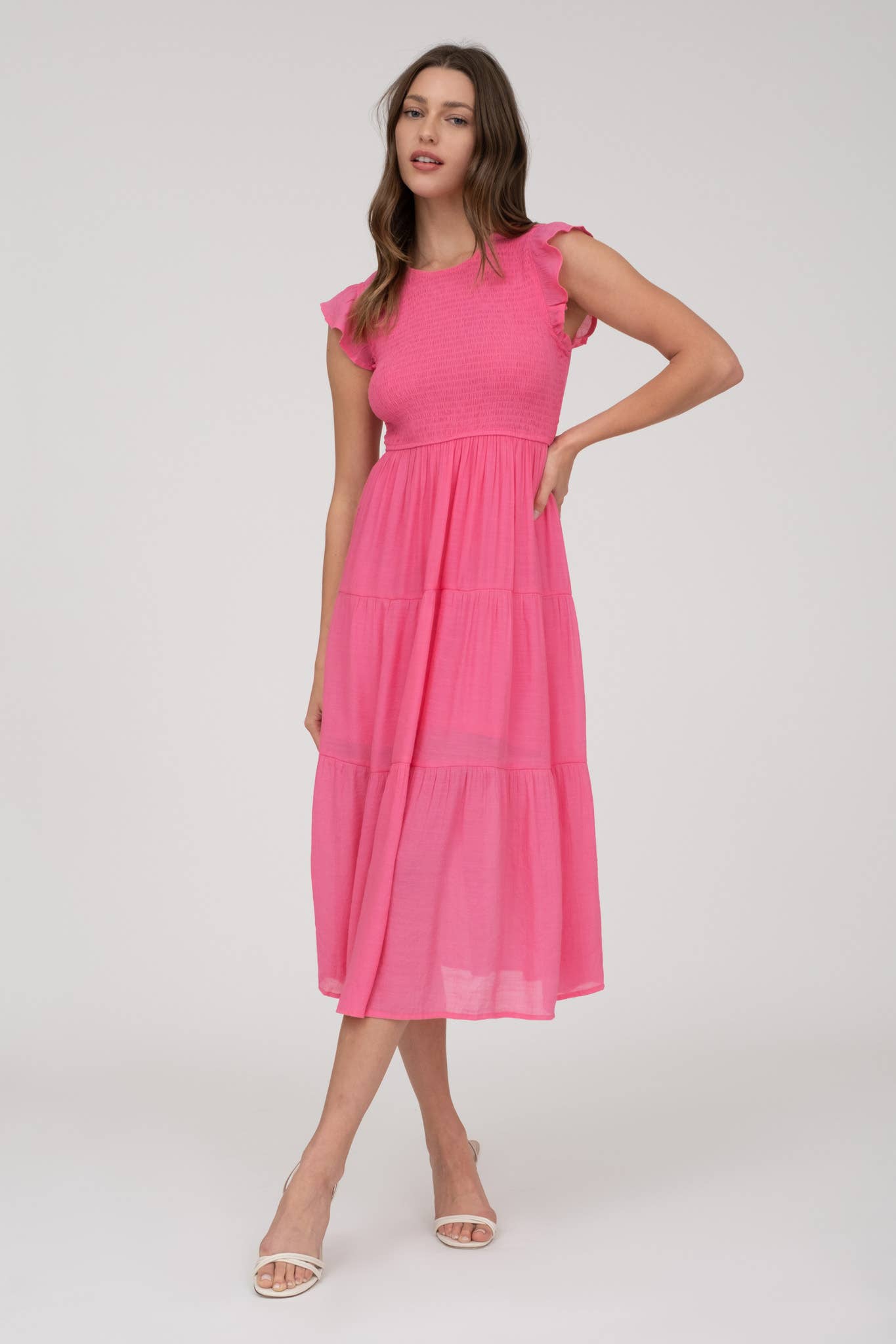 SMOCKED TIERED MIDI DRESS