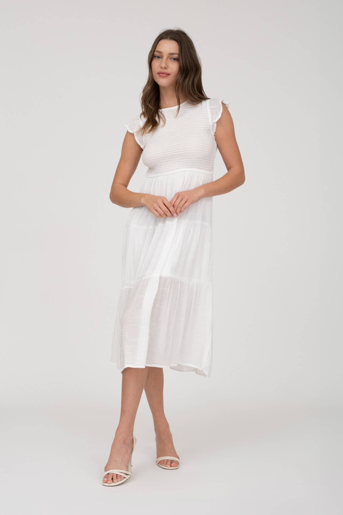 SMOCKED TIERED MIDI DRESS