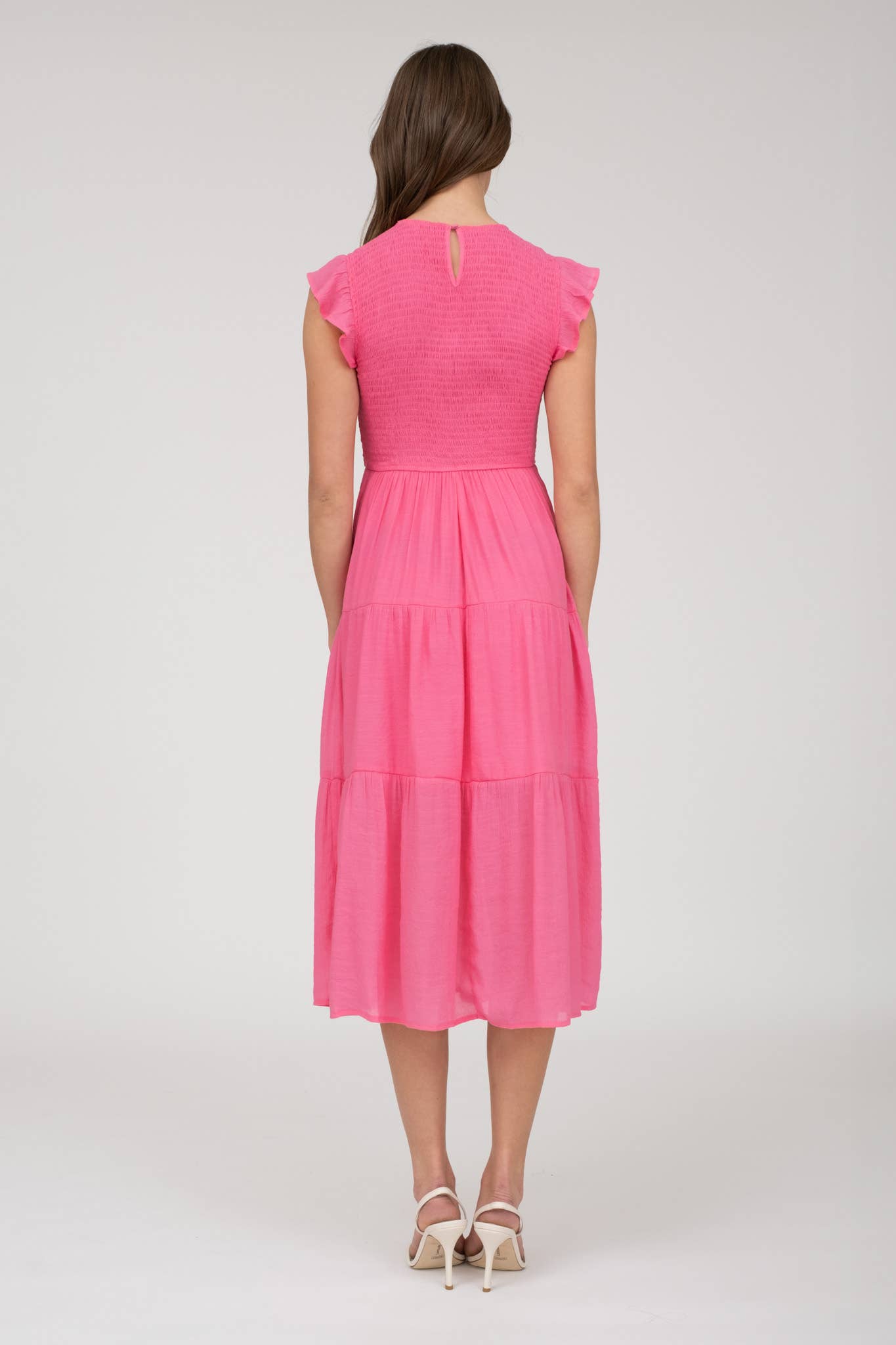 SMOCKED TIERED MIDI DRESS